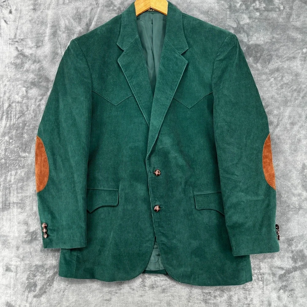 Vintage Sheplers Corduroy Western Blazer Men's 42 Reg Green Suede Elbow Patches